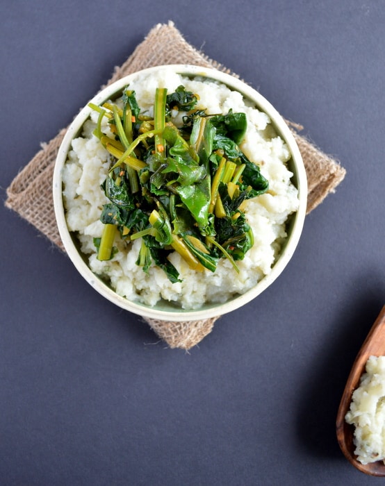 Cauliflower Celery Root Puree with Beet Greens | Healthy Nibbles & Bits