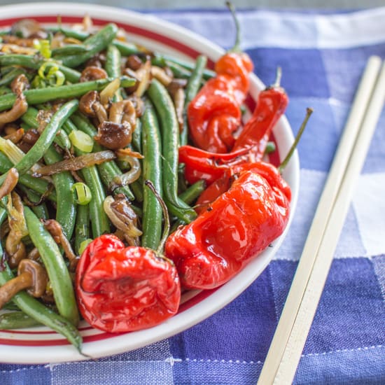 Spicy Green Beans with  Nameko Mushrooms and Shishito Peppers