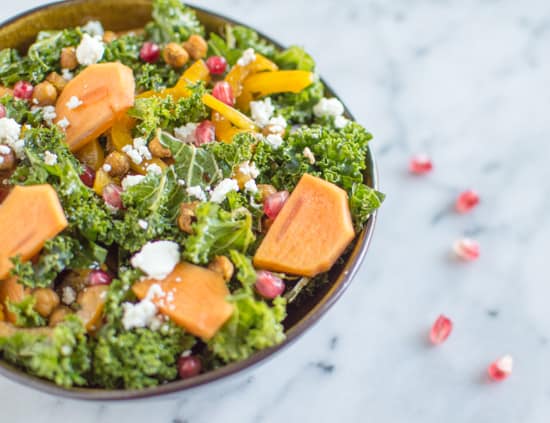 Kale Persimmon Salad with Curry Chickpea Croutons | clube.futebolmilionario.com