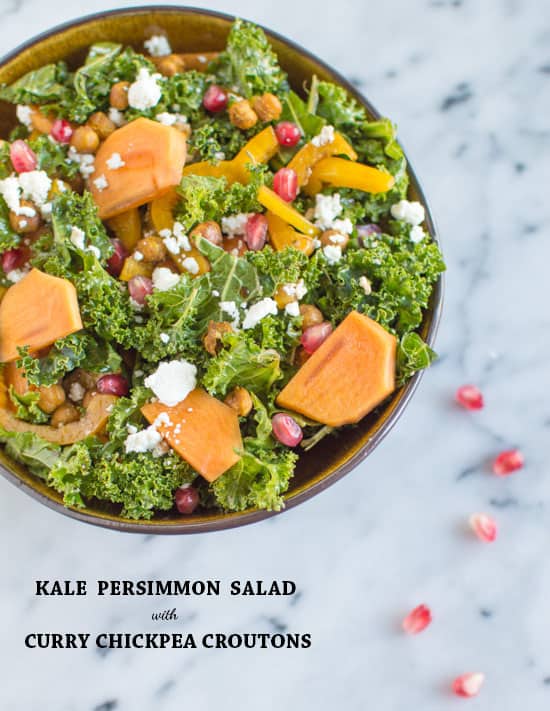 Kale Persimmon Salad with Curry Chickpea Croutons | clube.futebolmilionario.com