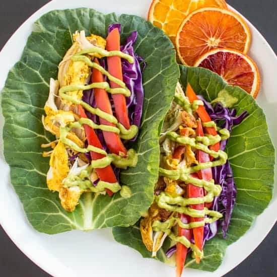 Slow Cooker Curried Chicken Tacos with Avocado Crema | healthynibblesandbits #glutenfree