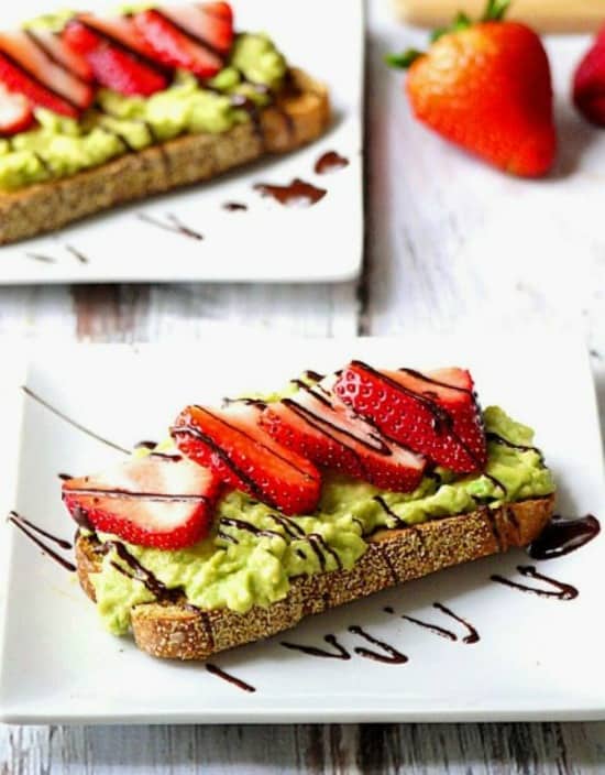strawberry and avocado toast with chocolate drizzle