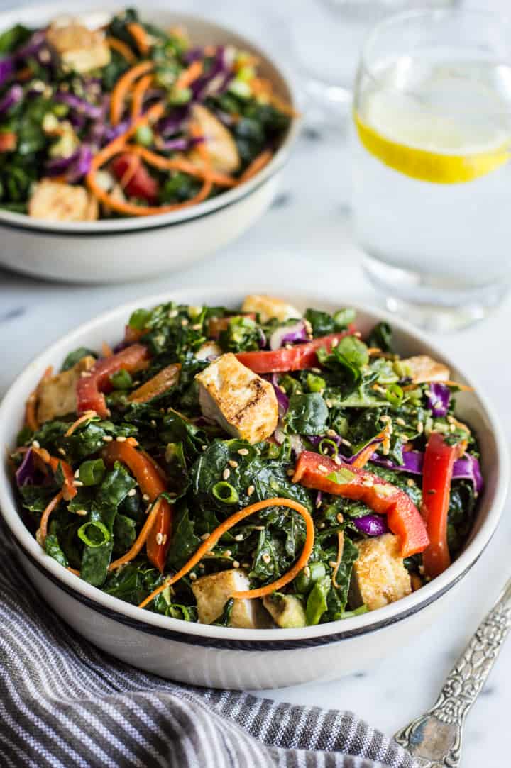 Kale Salad with Fried Tofu and Miso Ginger Dressing - an easy vegan salad with asian flavors