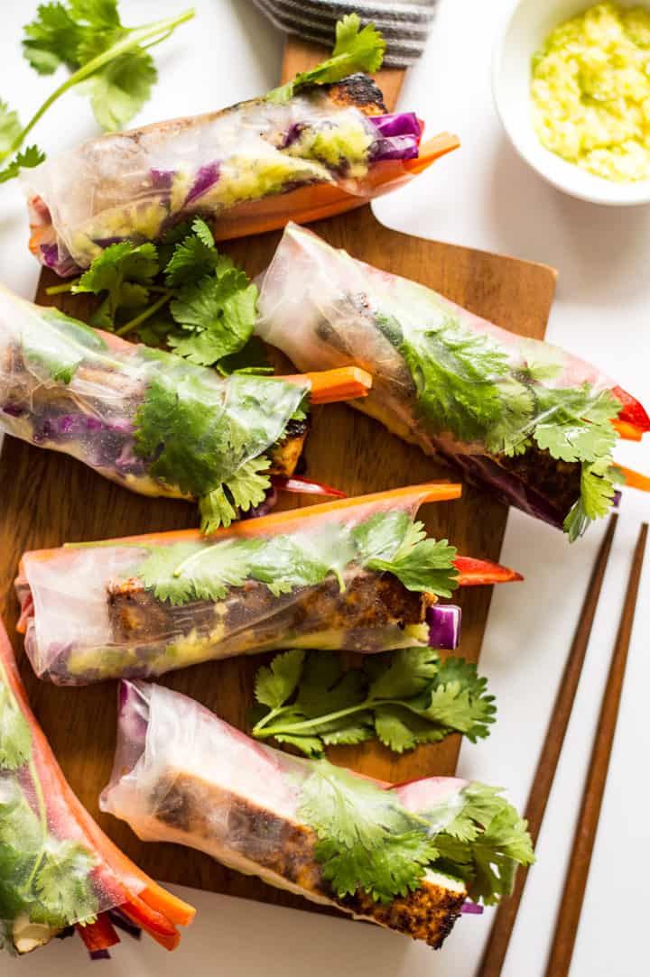 Red Curry Brown Sugar Tofu Spring Rolls with Ginger Onion Paste - vegan and gluten-free appetizer!