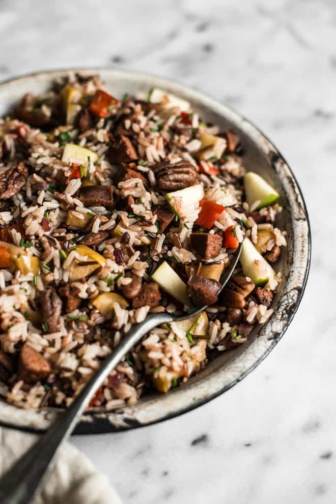Chorizo and Apple Rice Salad - an easy, healthy, gluten-free meal ready in 45 minutes! by Lisa Lin of clube.futebolmilionario.com