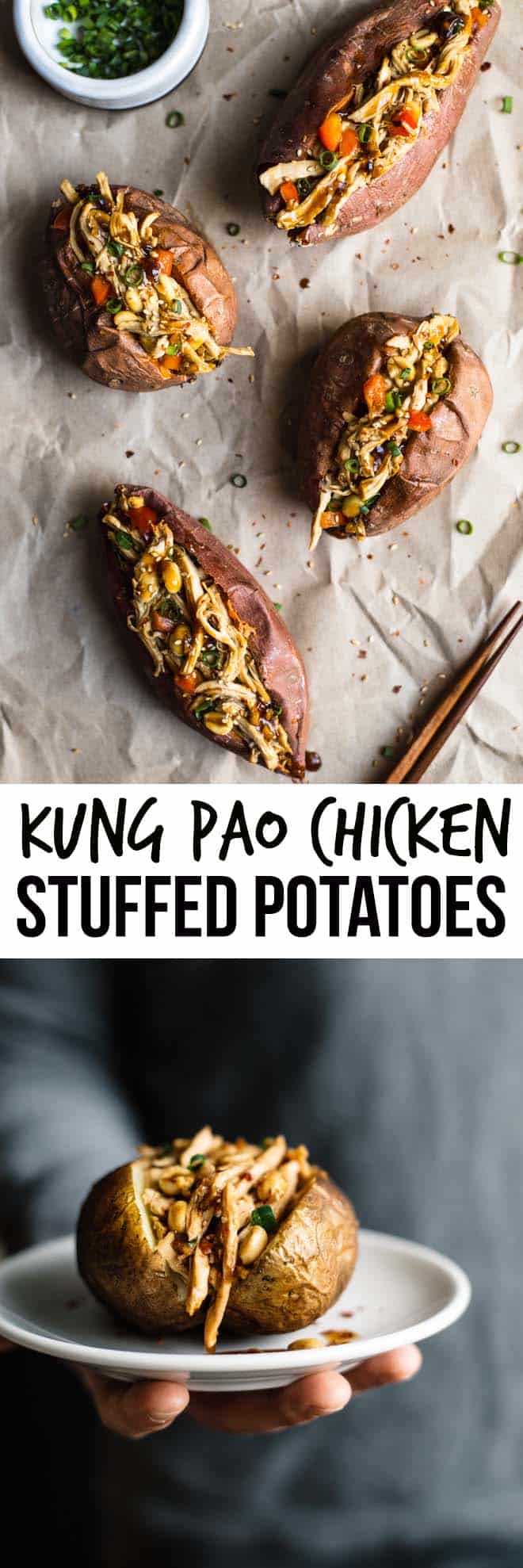 Kung Pao Chicken Stuffed Potatoes, Two Ways - a delicious, gluten-free dish that is ready in 45 minutes! by Lisa Lin of clube.futebolmilionario.com