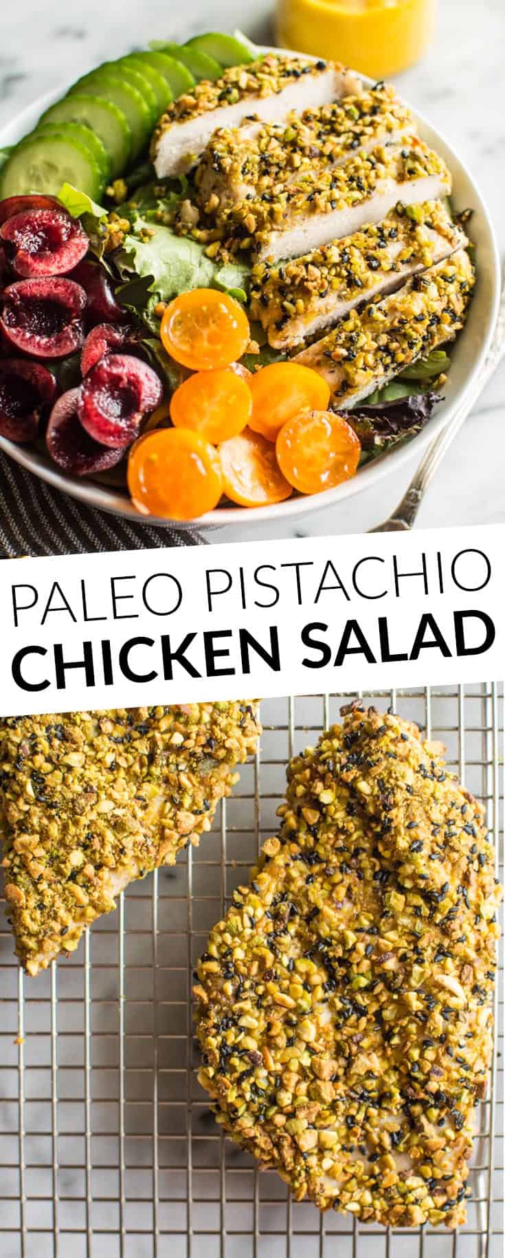 Pistachio Crusted Chicken Salad with Carrot Ginger Dressing - this gluten-free and paleo salad is perfect for weeknights. Ready in 30 minutes! @healthynibs
