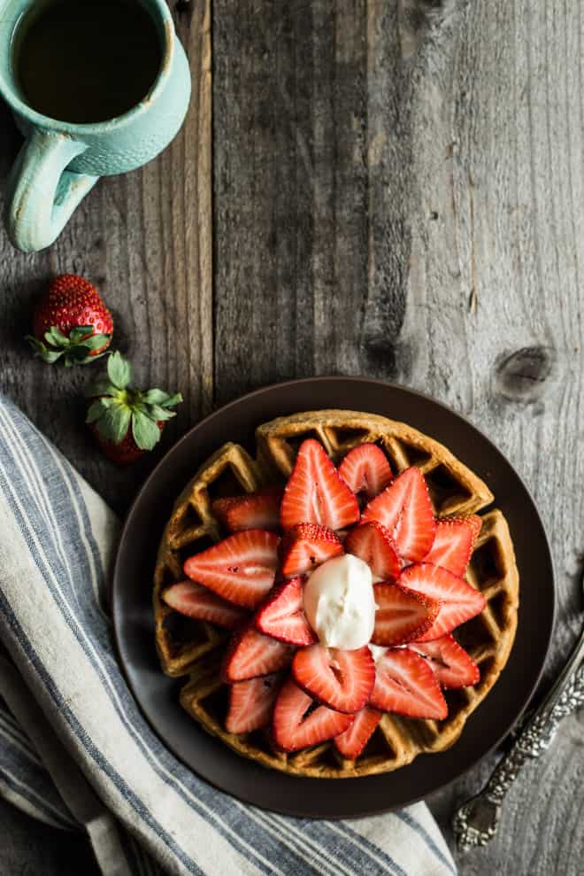 Gluten-Free Strawberries and Cream Oat Flour Waffles - these waffles are paired with a homemade kahlua whipped cream that you make in a jar! (video tutorial) by @healthynibs