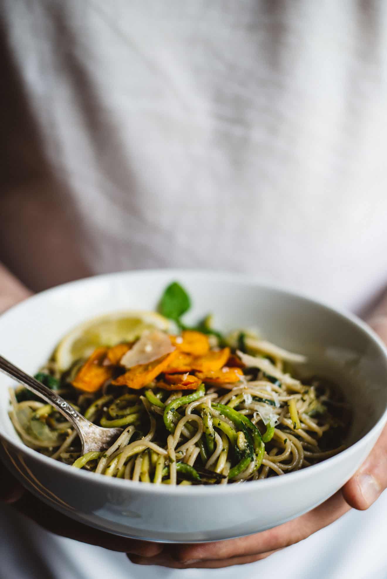 Carrot Top Pesto Pasta with Zucchini Noodles - easy gluten-free, vegetarian dinner in 30 minutes! by @healthynibs