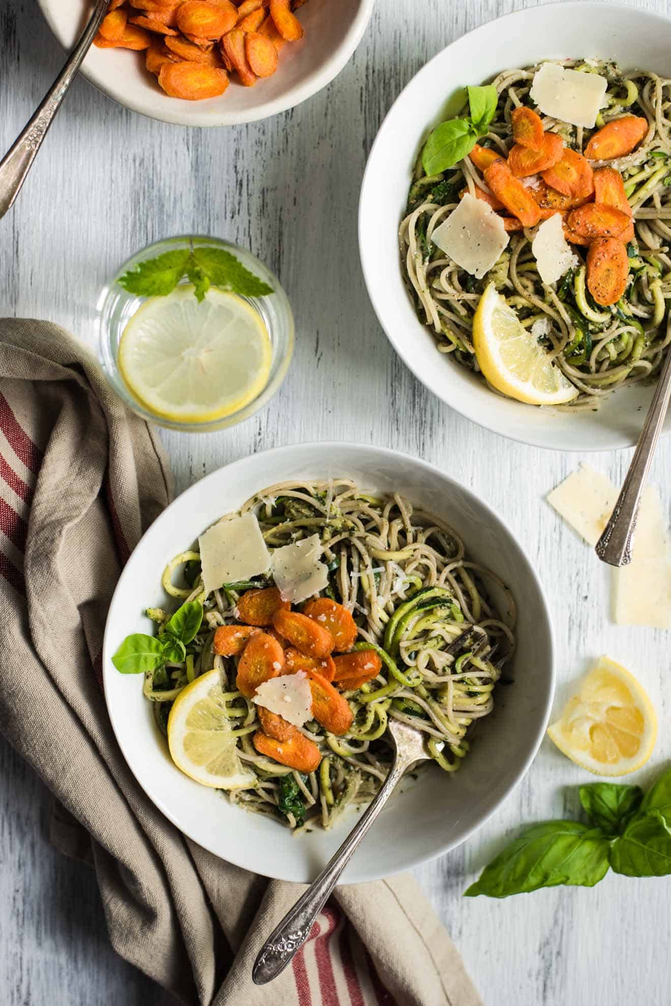 Spring Pasta with Carrot Top Pesto - easy gluten-free, vegetarian dinner in 30 minutes! by @healthynibs