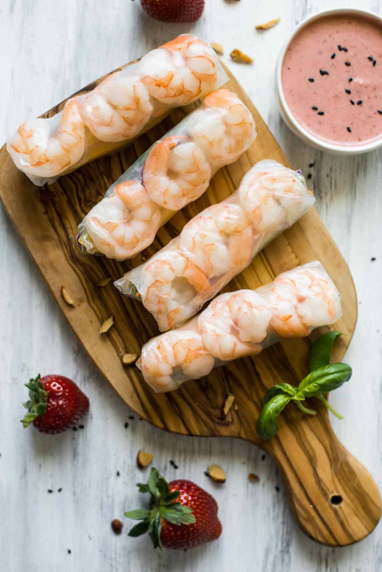 Shrimp Spring Rolls with Strawberry Almond Sauce - easy, healthy summer appetizer ready in 30 minutes! #healthy #glutenfree
