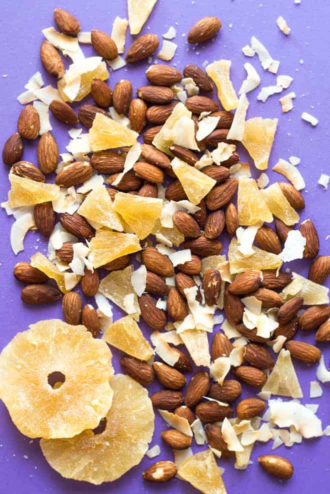Tropical Delight Trail Mix + 4 Easy Trail Mix Recipes with Almonds - here's 4 healthy snacks that you can make at home! They're gluten free and take only 30 minutes to prepare! by @healthynibs