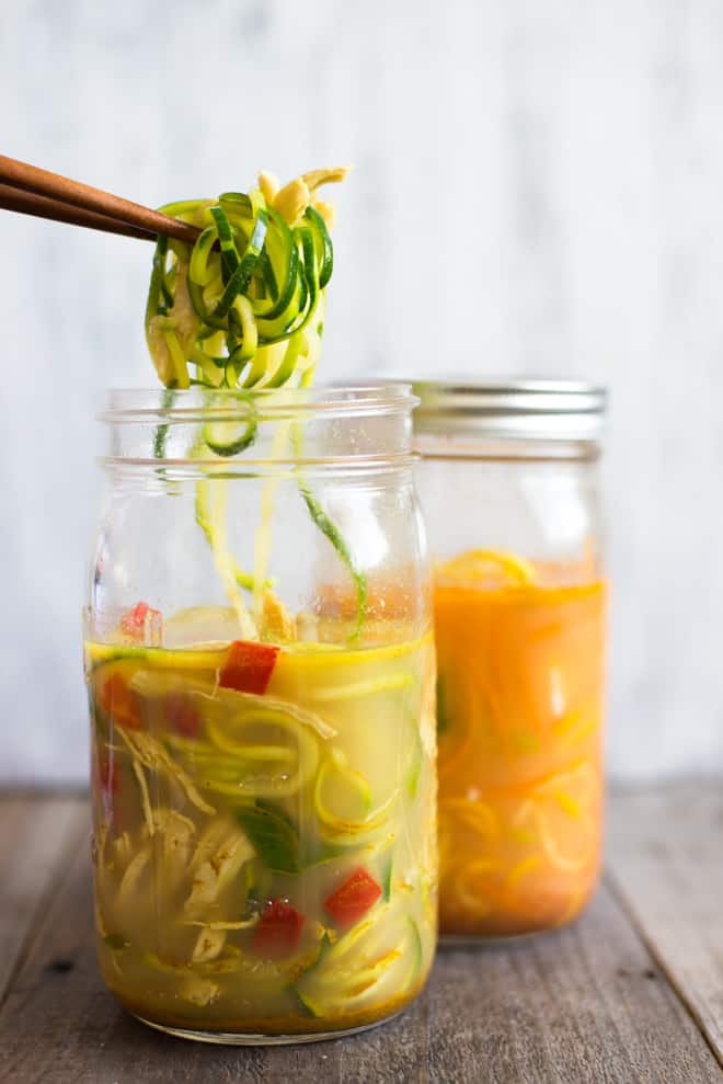 Curried Zoodles in a Jar - Two Ways - these zoodles in a jar are perfect for taking to lunch. Just add boiled water, and you'll have a tasty low-carb noodle soup ready on the go! by @healthynibs
