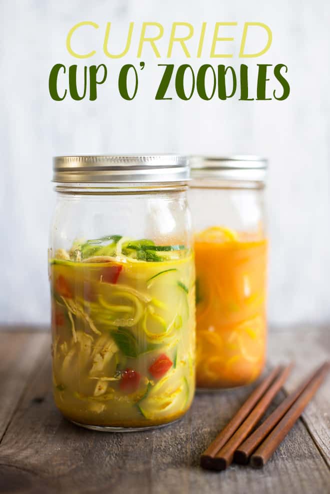 Curried Cup O' Zoodles - Two Ways - these zoodles in a jar are perfect for taking to lunch. Just add boiled water, and you'll have a tasty low-carb noodle soup ready on the go! by @healthynibs