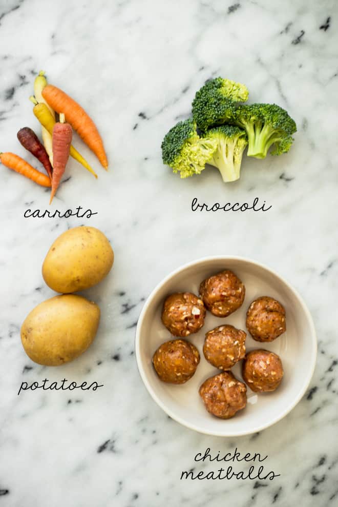 Here's the ingredients you need for my Chicken Meatball and Roasted Vegetable Sheet Pan Dinner! by @healthynibs