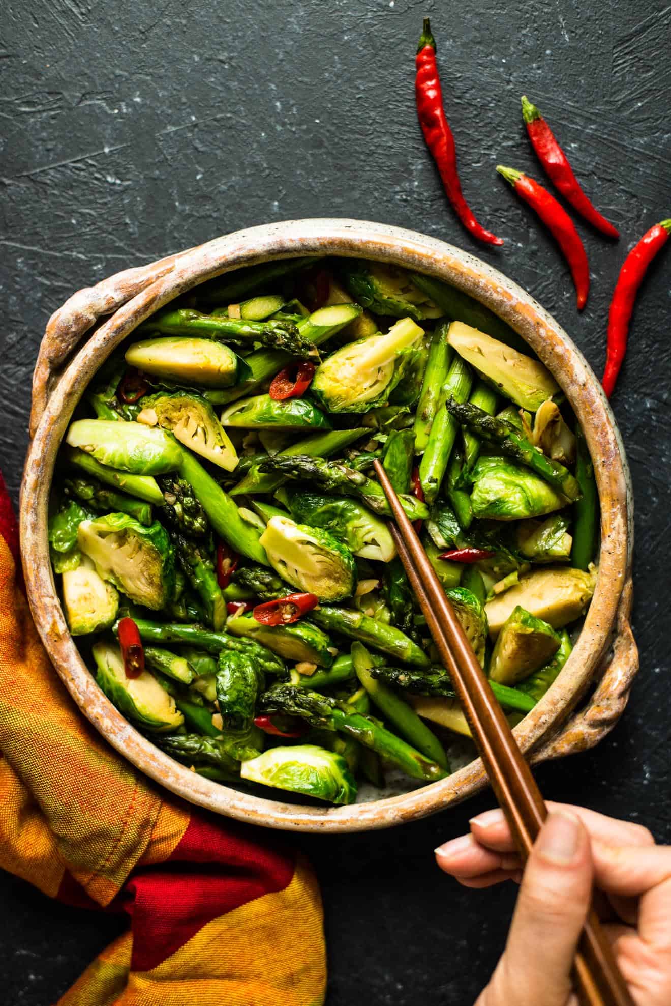 Chili & Garlic Stir-Fried Brussels Sprouts with Asparagus - a quick and easy side dish that's ready in 20 minutes!