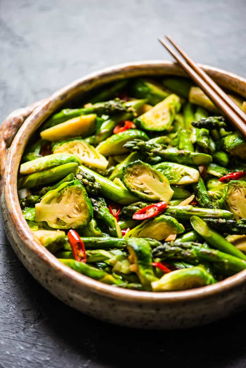 Chili & Garlic Stir-Fried Brussels Sprouts with Asparagus - a quick and easy side dish that's ready in 20 minutes!