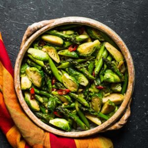 Chili & Garlic Stir Fry Brussels Sprouts with Asparagus - a quick and easy side dish that's ready in 20 minutes!