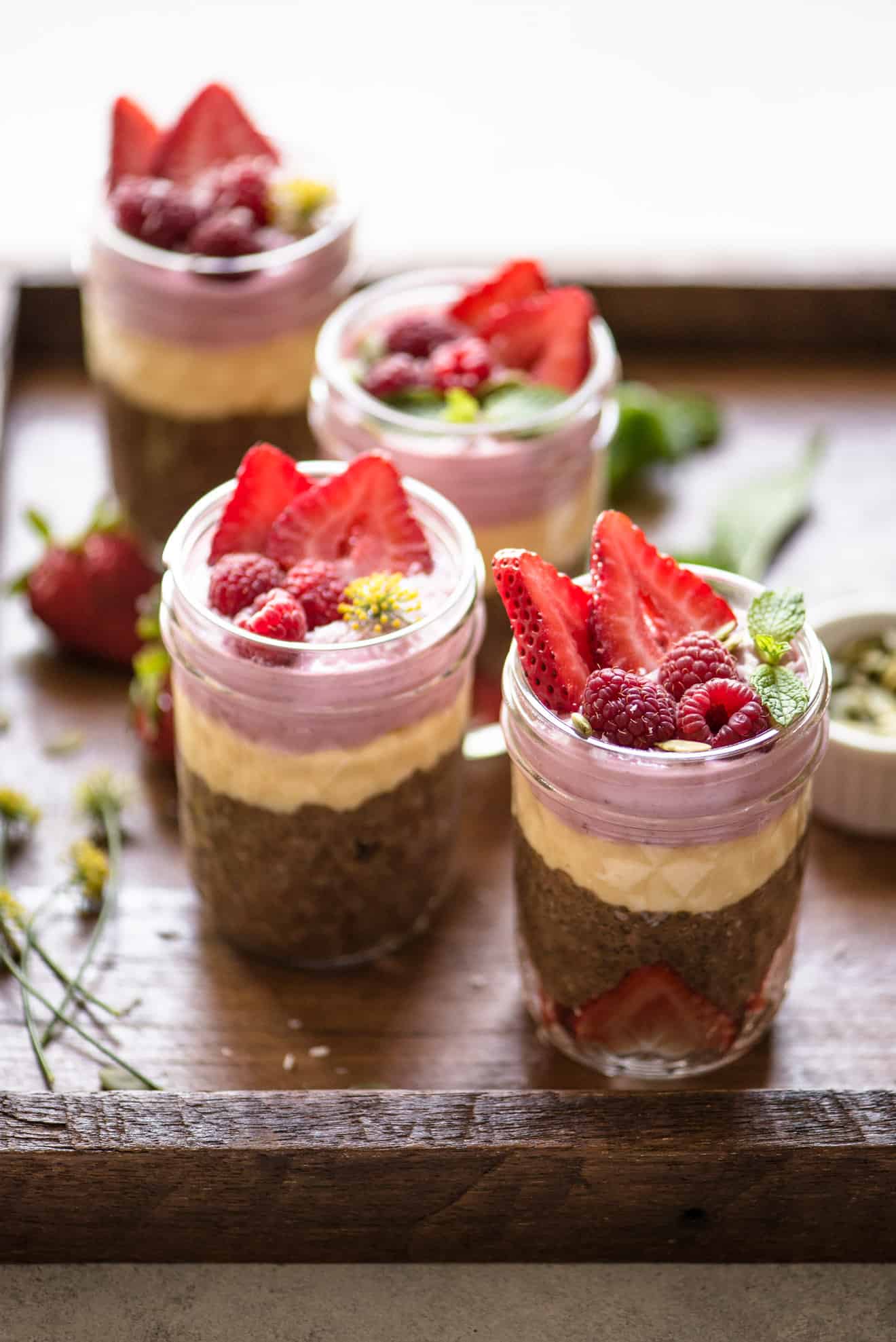 VEGAN Chocolate Chia Pudding Parfaits with Mango & Mixed Berry Mousse - a simple, healthy dessert that is great for summer!