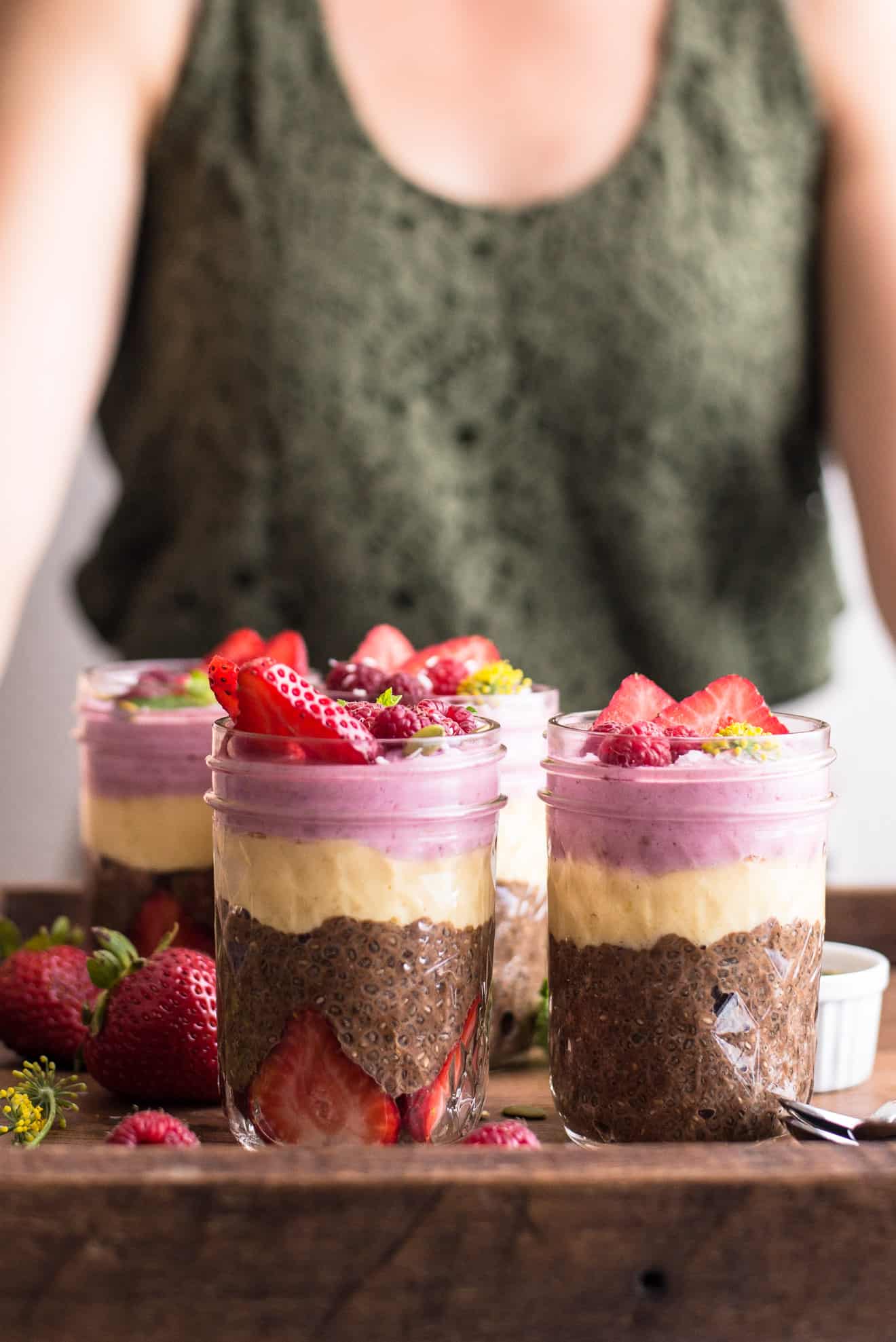 VEGAN Chocolate Chia Pudding Parfaits with Mango & Mixed Berry Mousse - a simple, healthy dessert that is great for summer!