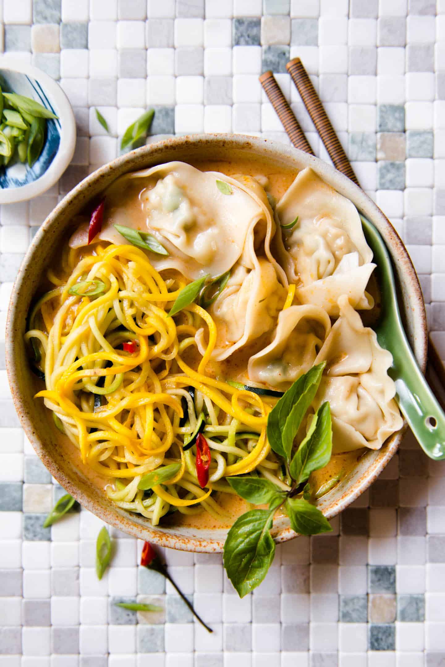 Red Curry Wonton Soup Recipe with Zucchini Noodles
