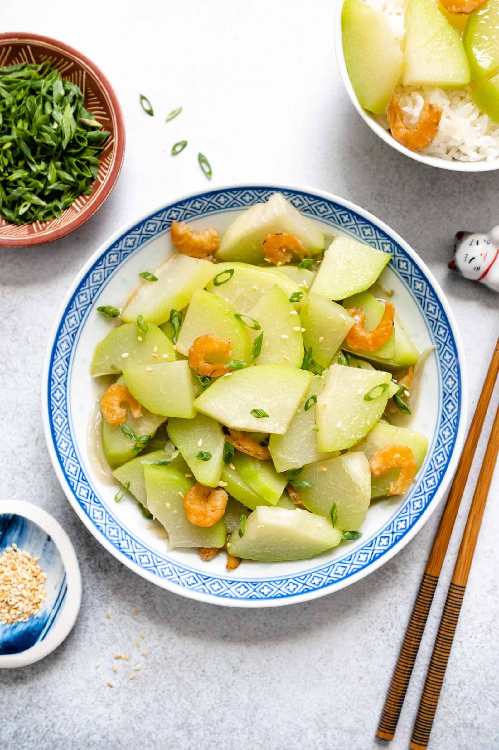 Chinese Stir Fried Chayote in a bowl with garnish