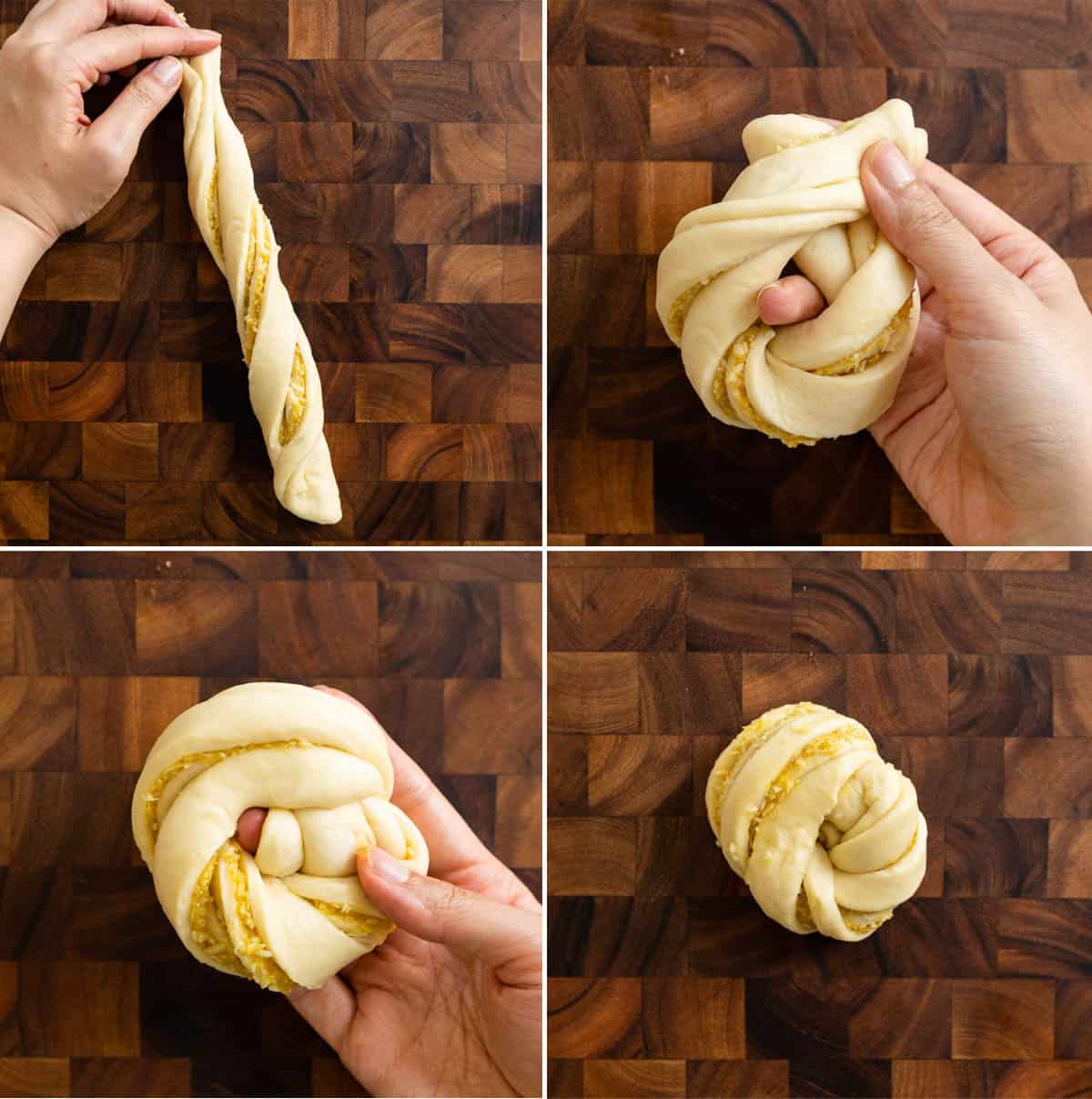 Finishing tying dough into knot