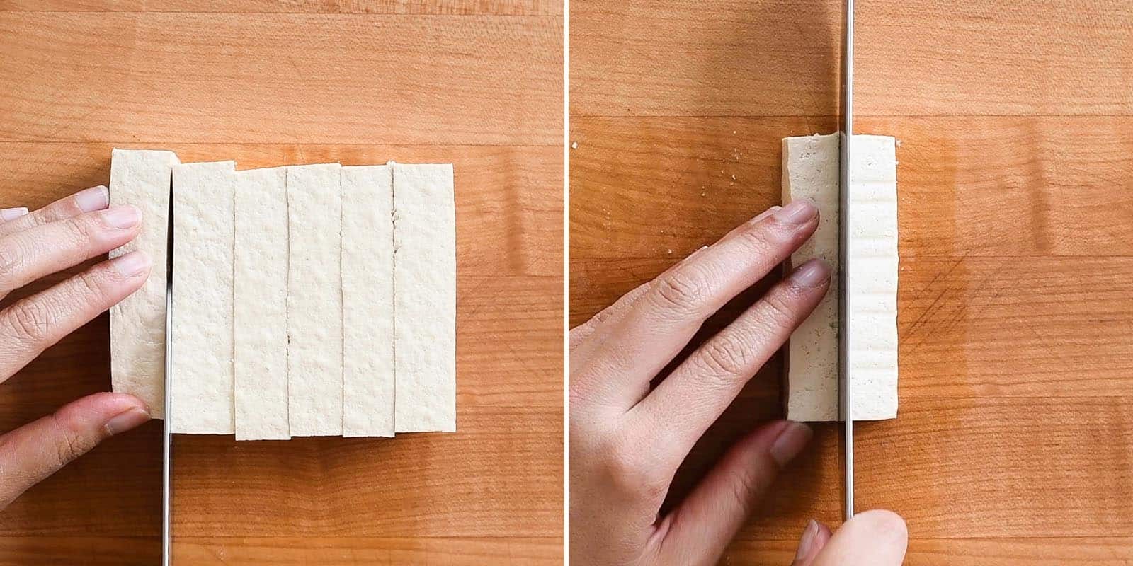 Slicing block of tofu into strips