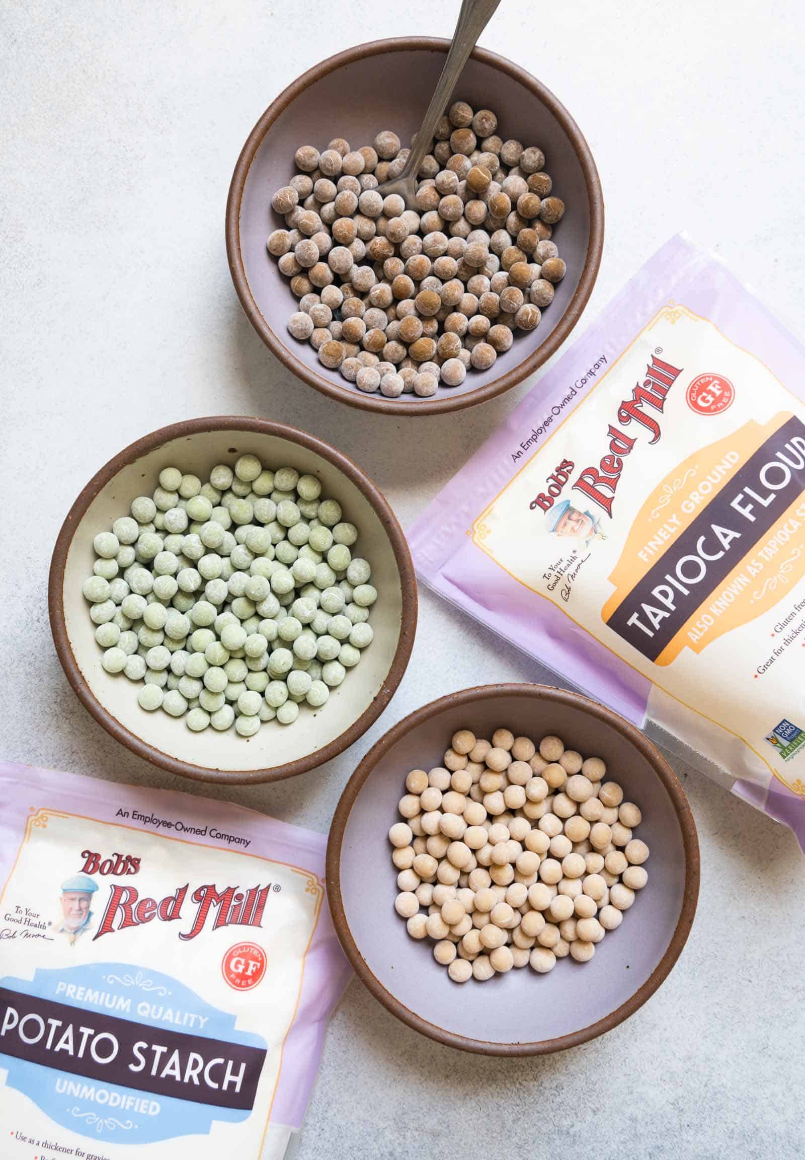How to Make Tapioca Pearls (Boba): Dark brown, green, and light brown boba
