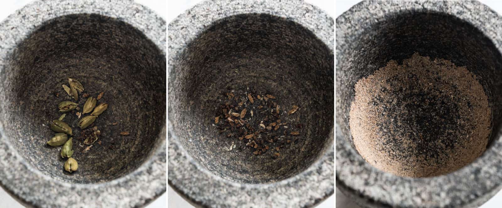 Different stages of grinding cardamom seeds