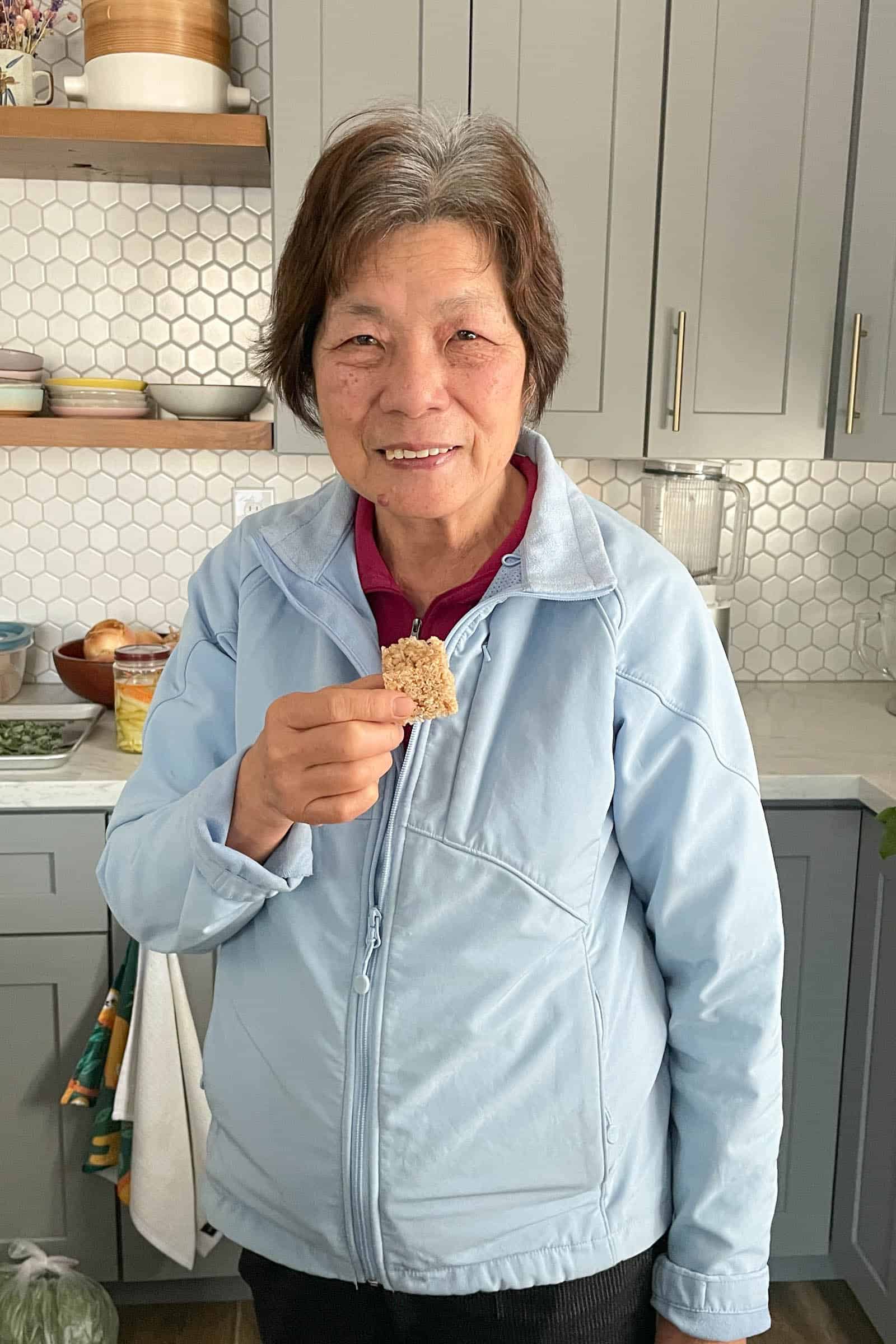 Mama Lin holding rice krispies