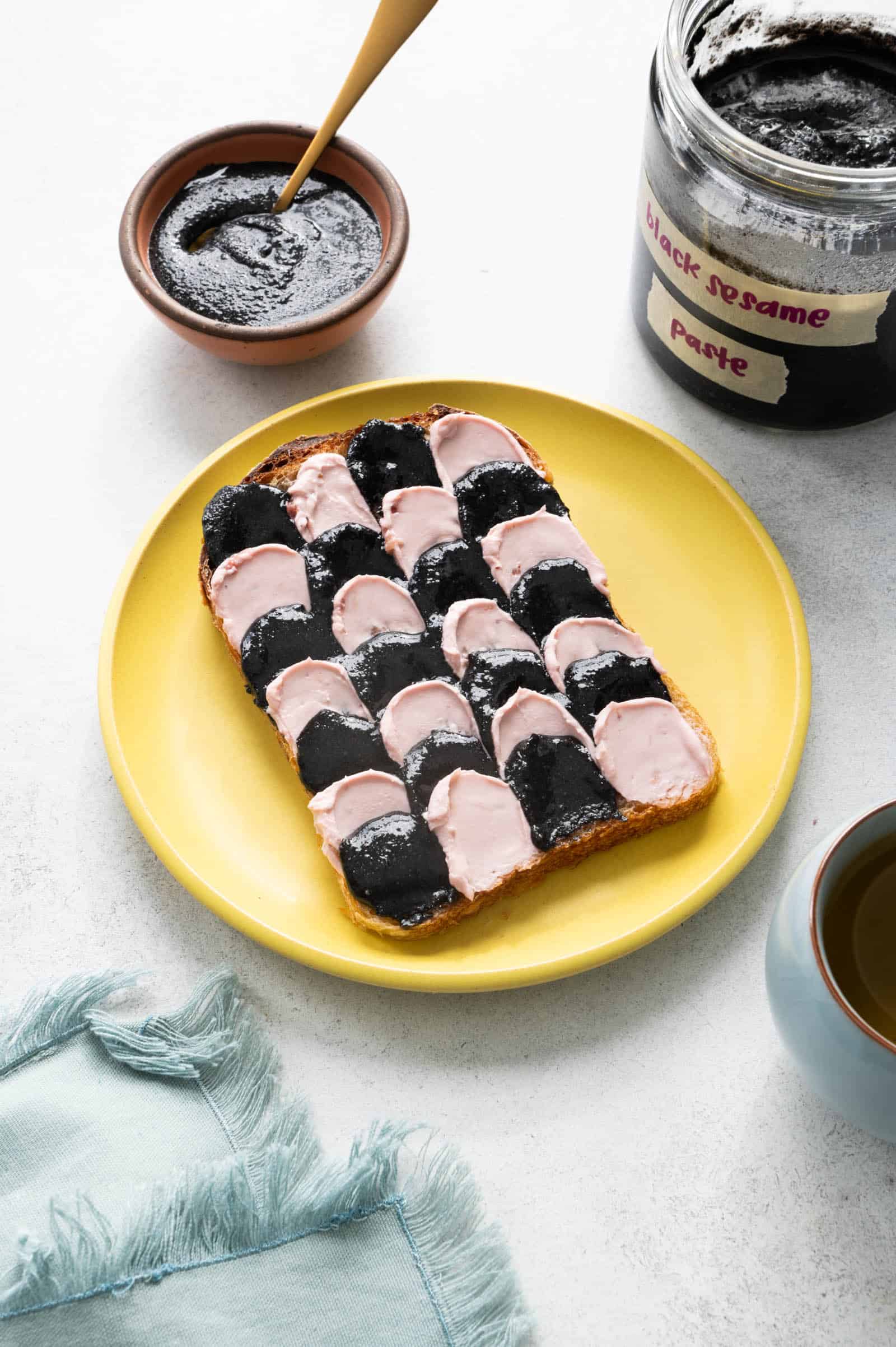 Black Sesame Paste and Strawberry Cream Cheese on Toast
